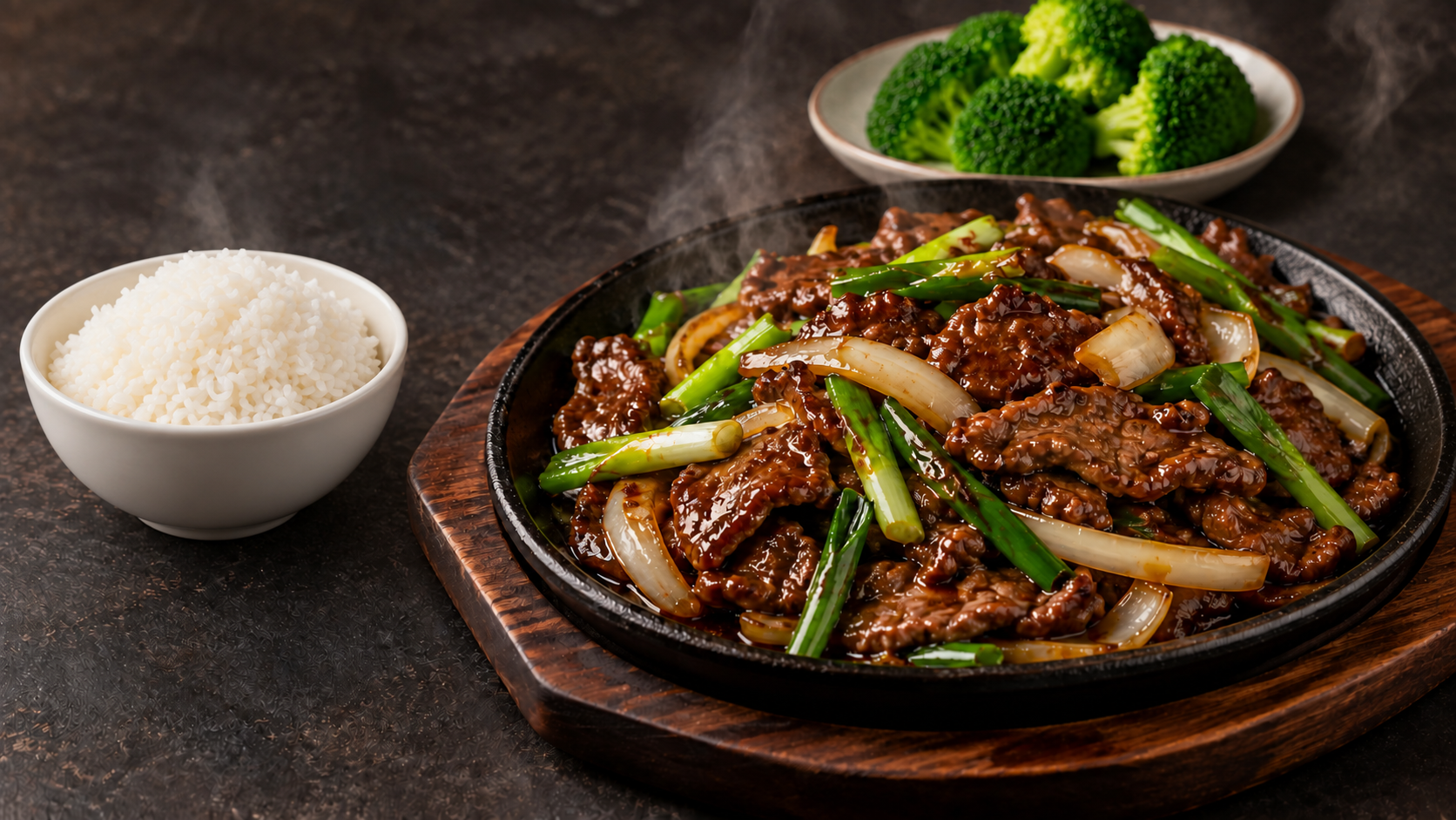 Mongolian beef sizzling on a platter with broccoli and rice